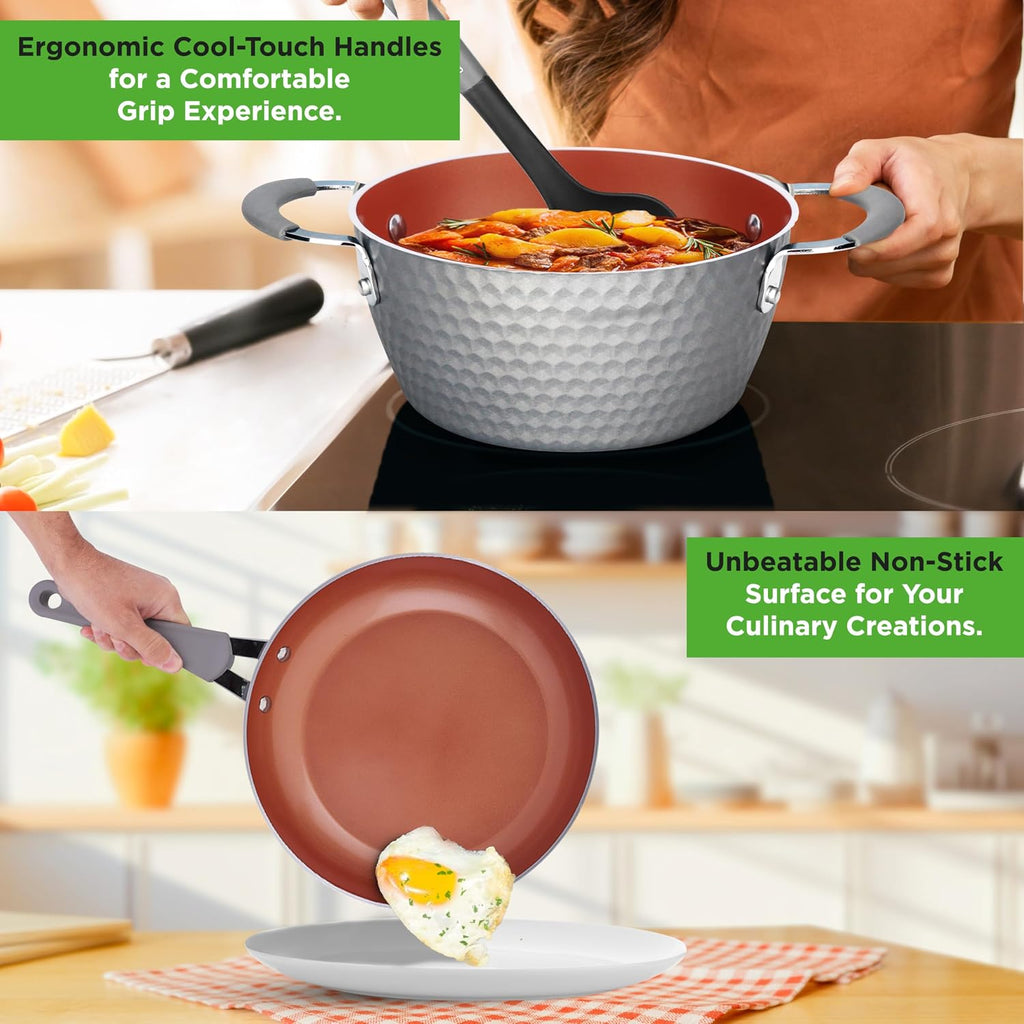 NutriChef 11 Piece Nonstick Ceramic Cookware Set - Pots and Pans Set with Ergonomic Handles, Induction Ready, Includes Saucepan, Dutch Oven, Large & Small Fry Pans