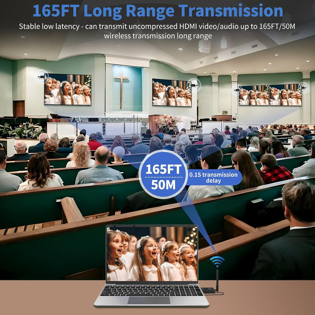 Wireless HDMI transmitter and 4 receivers, 2025 upgraded multi TV extender, plug and play, 5.8G/ 2.4G@60Hz 165FT,HDMI Wireless splitter transfers of videos from laptops/camera to multiple TVs/monitors