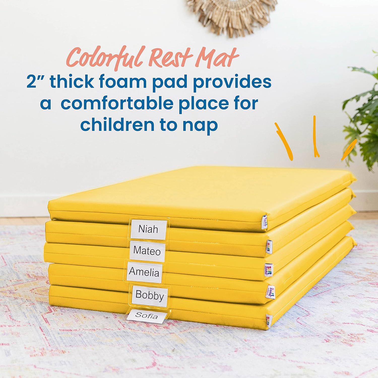 ECR4Kids SoftZone Rainbow Rest Time Mat with Name Tag, Sleeping Pad, Yellow, 5-Piece