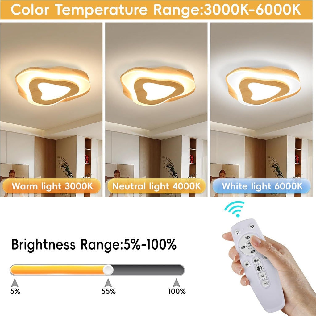Littleglovo 15.7' Modern Flush Mount LED Chandelier for Dining Room, Dimmable Natural Wood Petal Energy Chandeliers Ceiling Light for Entryway Bedroom Foyer Kitchen Living Room Bathroom