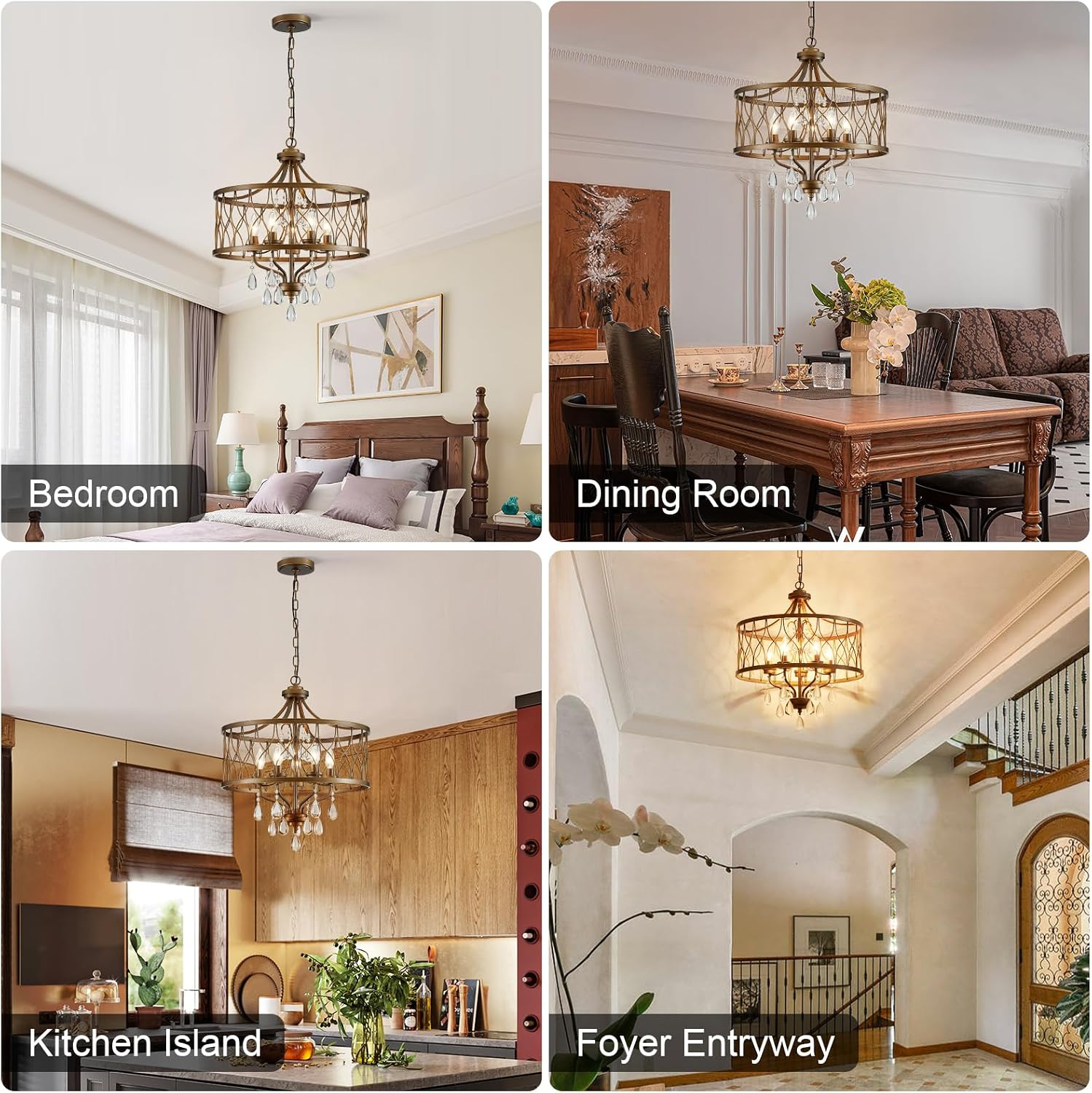 Modern Crystal Chandelier, 5-Light Farmhouse Bronze Chandelier for Dining Room Vintage Hanging Pendant Light Fixtures Round Chandelier for Kitchen Island Entryway Foyer Bedroom Office Bar
