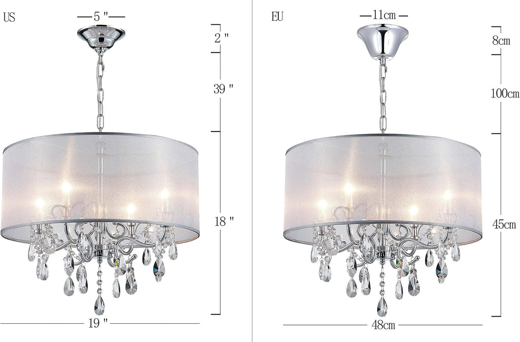 Bestier Modern Elegant Crystal Pendant Drum Chandelier 4 Light Chrome Lighting Fixture LED Ceiling Light Dia 19 in x H 18 in