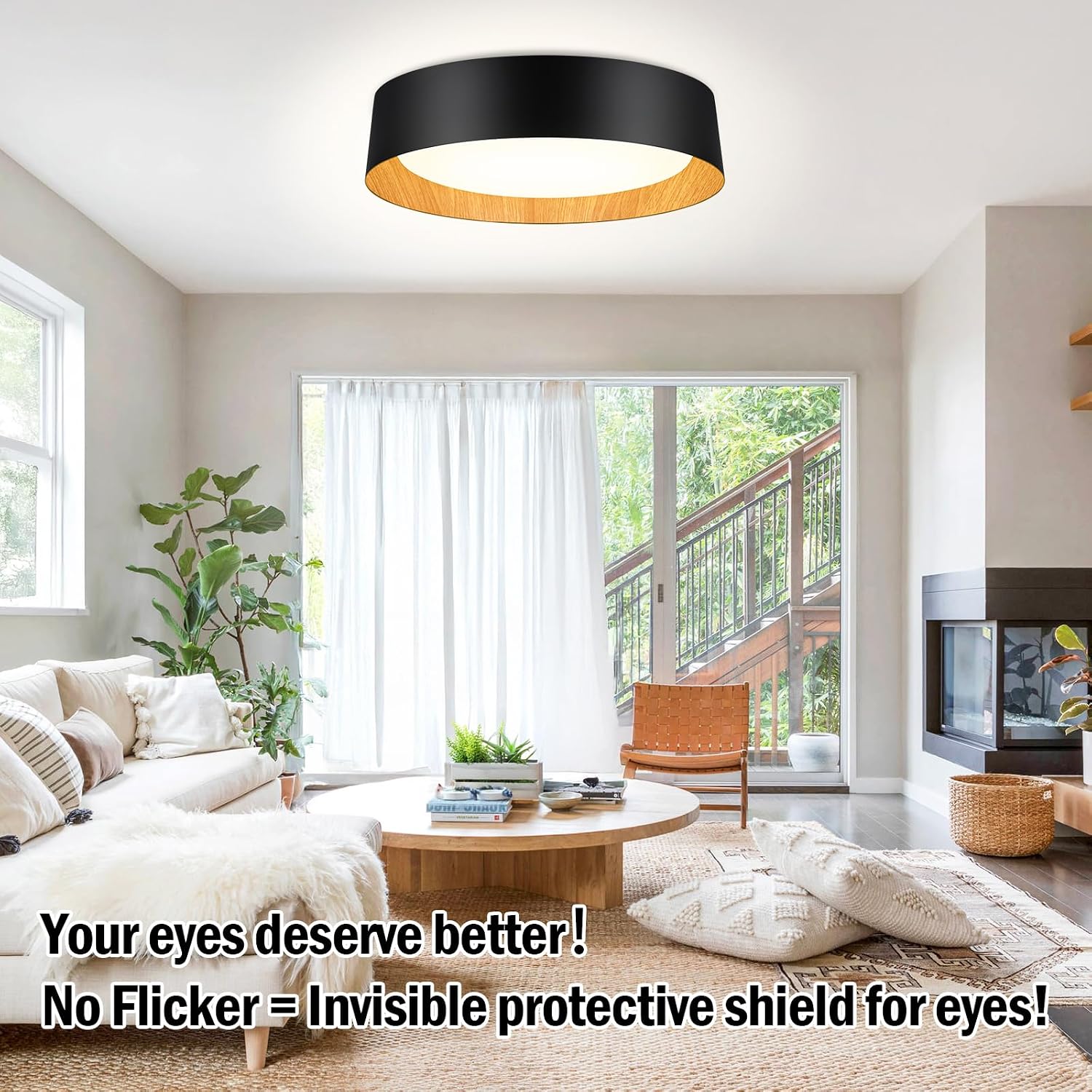 BrightHome 2-Pack 16in Flush Mount Ceiling Light, 3000LM 30W(300W Equiv), LED Ceiling Light Fixture 5CCT 2700K 3000K 4000K 5000K 6000K, Dimmable Ceiling Lamp for Bathroom Hallway, Black and Wood