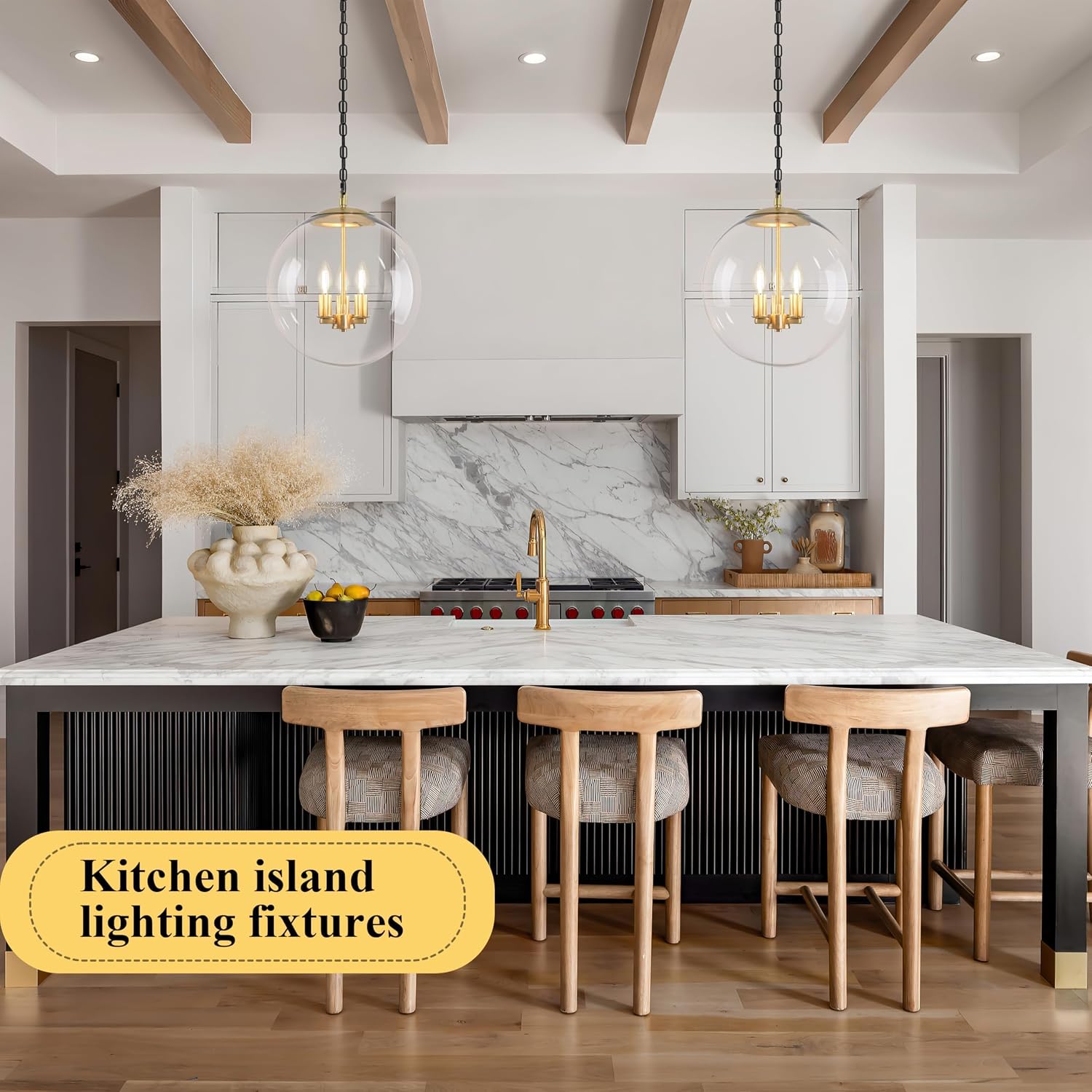 KoKo&Yukina 14' Gold Globe Pendant Light Mid Century Pendant Light Clear Glass Pendant Lights Kitchen Island Adjustable Hanging Light Fixture for Dining Room Bedroom Kitchen Island
