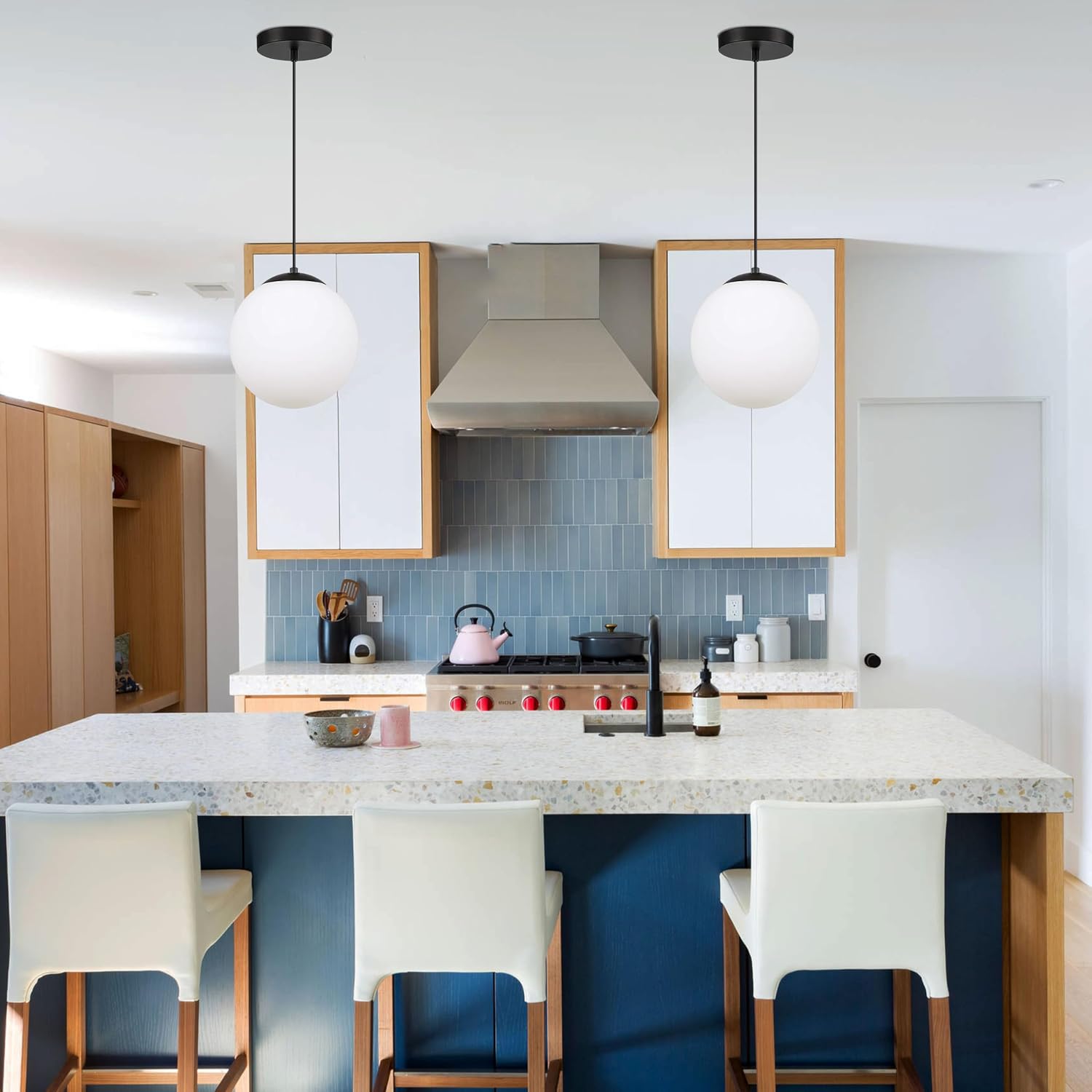 KoKo&Yukina 8' Black Glass Globe Modern Pendant Lights 2 Pack Mid Century Milky White Glass Pendant Light Fixtures Adjustable Hanging Pendant Lighting for Kitchen Island Bedroom Hallway Bulbs Incl.