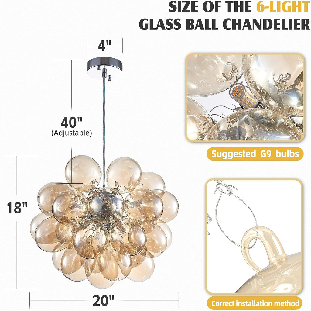 Longree Champagne Bubble Ball Chandelier, Dia 20 inch Blown Glass Cognac Glass Pendant Light Fixture for Bedroom Study Bathroom Foyer Entryway Lamp