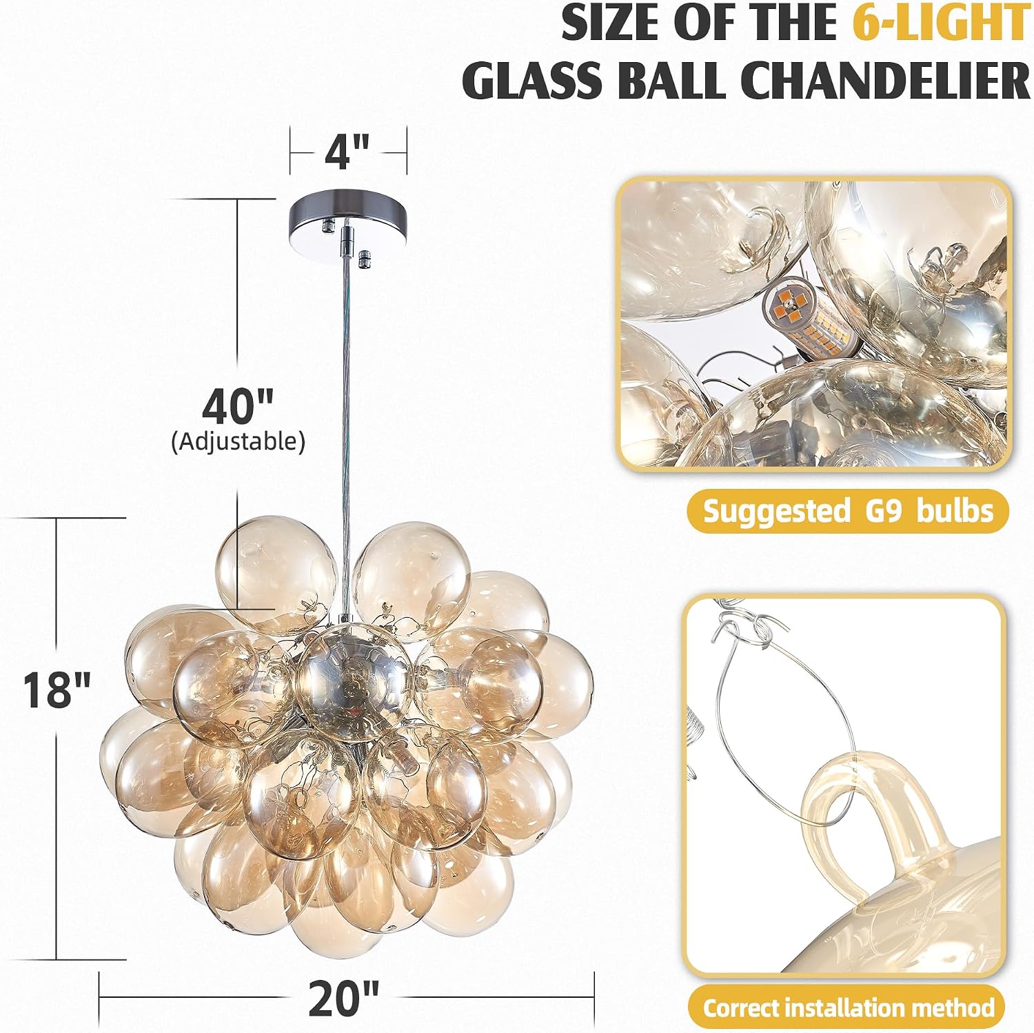 Longree Champagne Bubble Ball Chandelier, Dia 20 inch Blown Glass Cognac Glass Pendant Light Fixture for Bedroom Study Bathroom Foyer Entryway Lamp