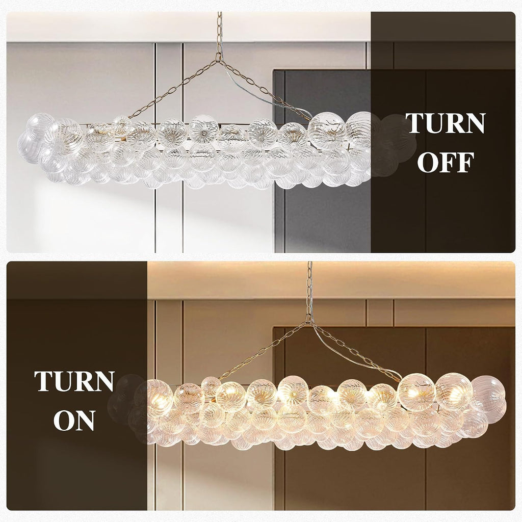 Longree Nordic Bubble Ball Swirled Glass Chandelier Gold, 62 inch | Long Rectangular, Island Light Fixture, For Dining Table, For Living Room