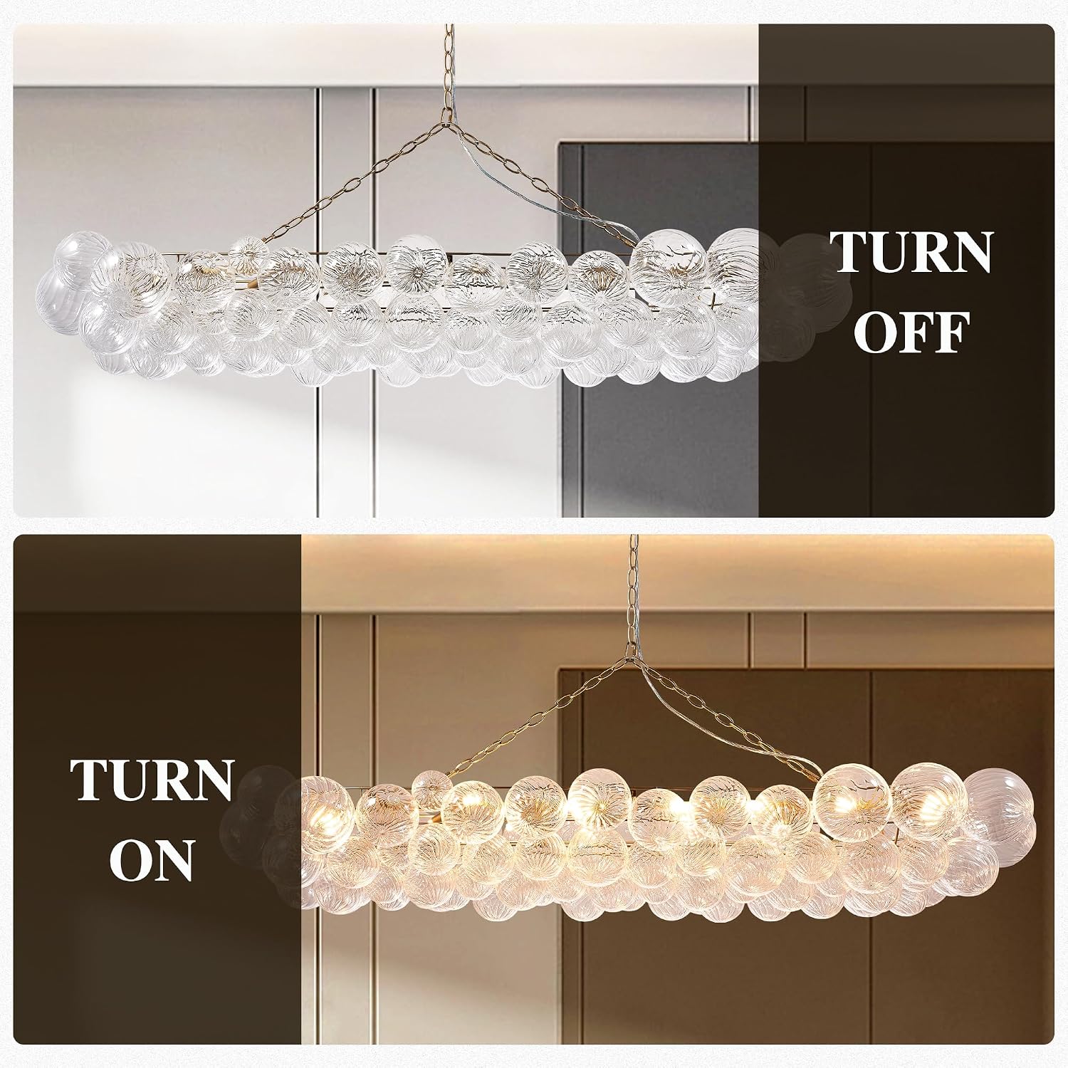 Longree Nordic Bubble Ball Swirled Glass Chandelier Gold, 62 inch | Long Rectangular, Island Light Fixture, For Dining Table, For Living Room