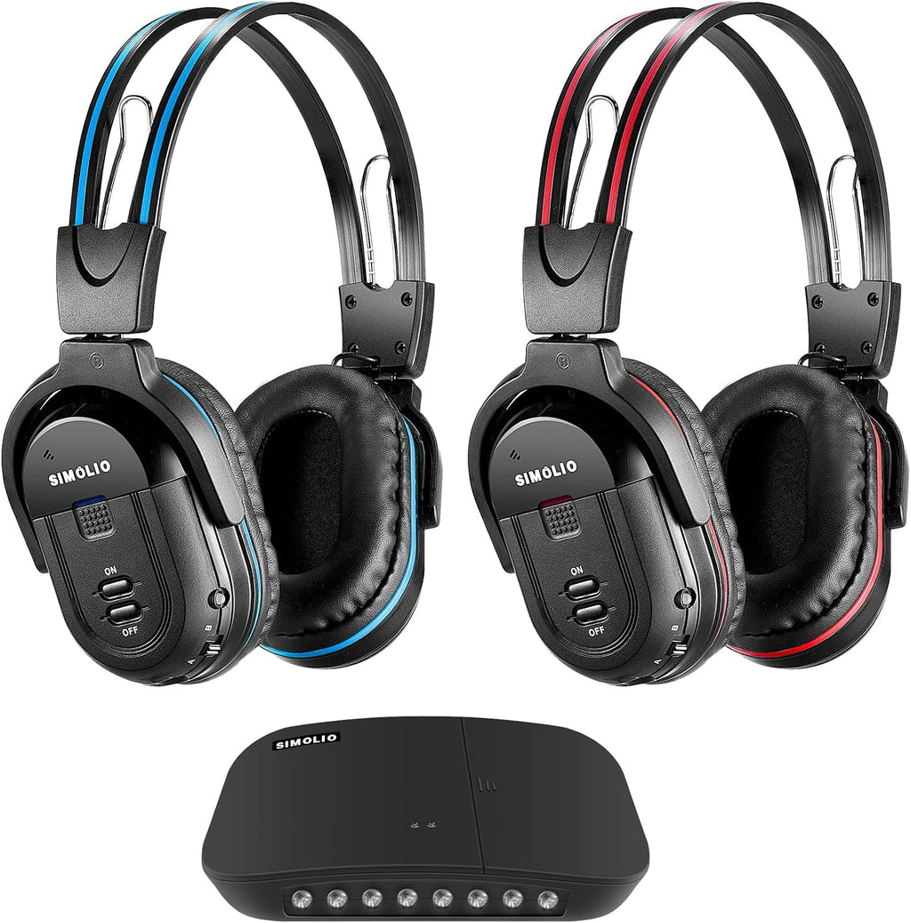 SIMOLIO 2 Pack IR Car Headphones and AuraCast Wireless Headphones for Kids with Mic, Share Port, Bluetooth Foldable Headset & Comfy Travel Set, 2 Channel IR Wireless Headset for Car DVD & Road Trips