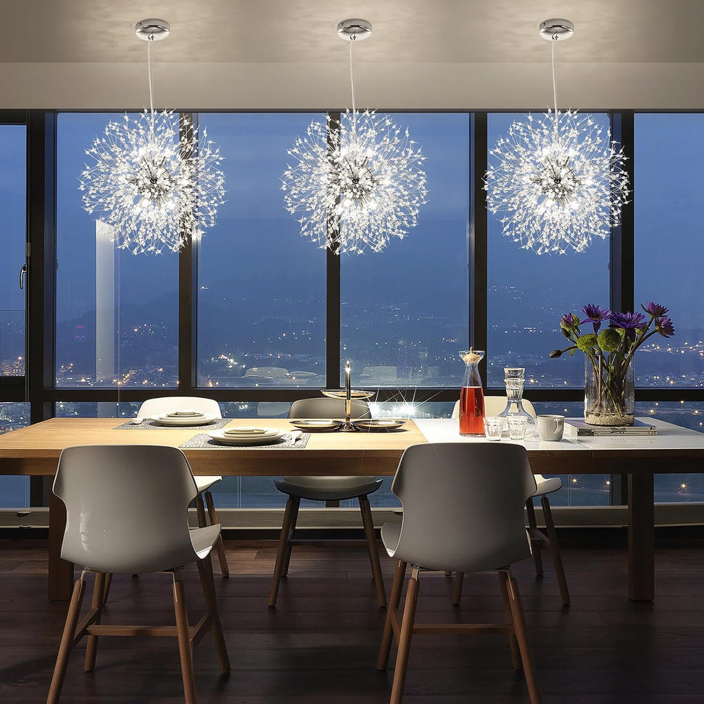 Qamra Modern Crystal Chandeliers, Chrome Firework Dandelion Sputnik Chandelier Light Fixture Pendant Lighting for Dining Room, Bedroom, Kitchen, Living Room(9-Light, Chrome)