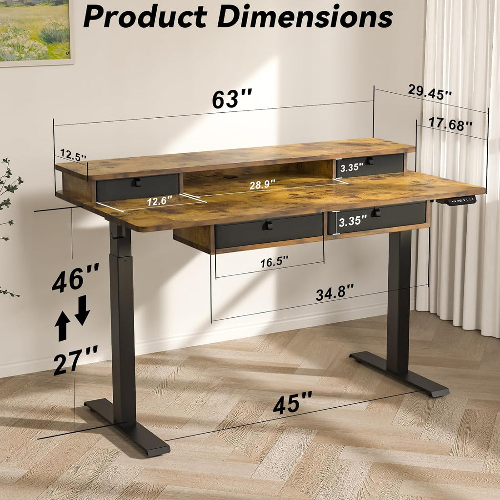 FiCiHi Adjustable Height Standing Desk with 4 Drawers,63 x 30 inches Electric Sit Stand Home Office Desk with Two Tiers, 3 Memory Presets, Monitor Stand Riser, USB A/C Charging Port