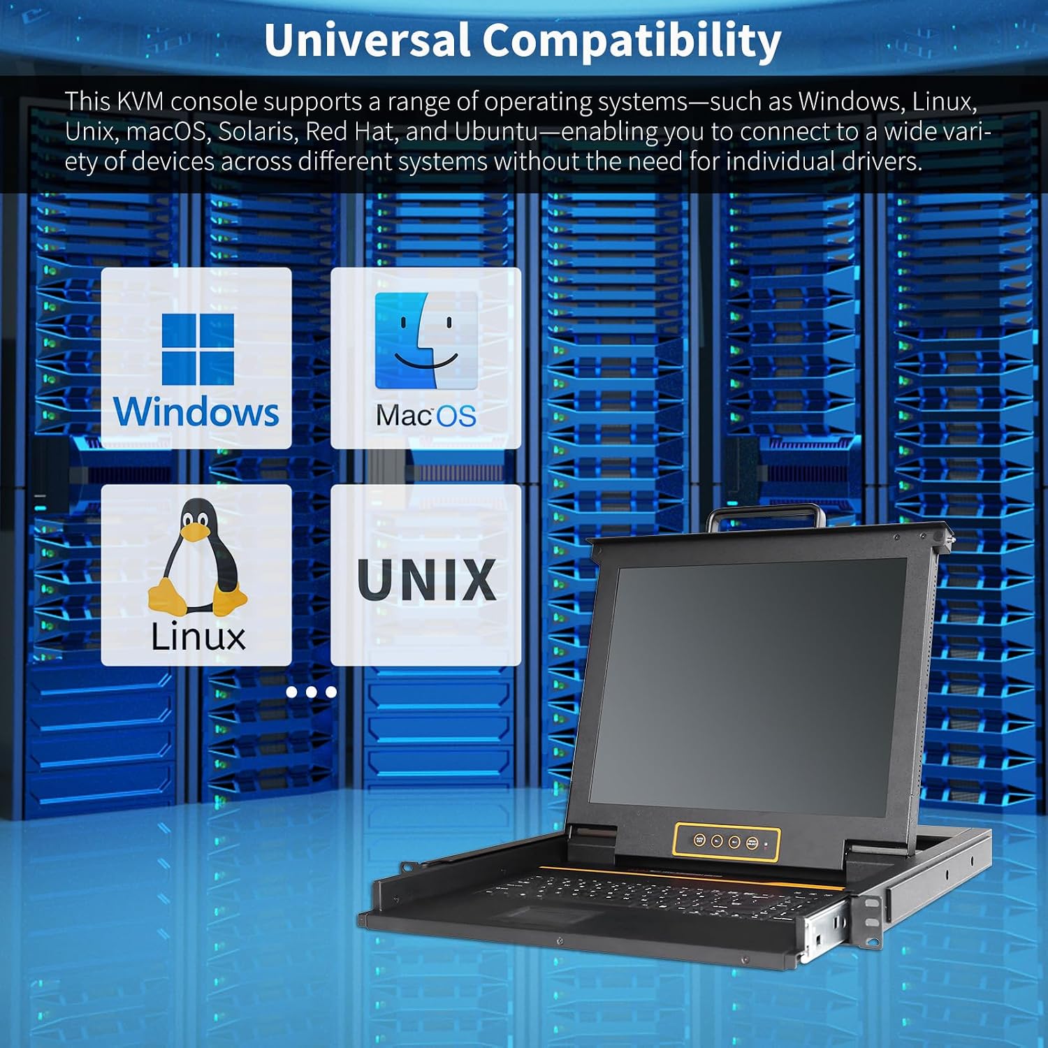 1U Rack Mount KVM Console-17 Rackmount Monitor Keyboard and Single Port VGA KVM, 50,000 MTBF,1280X1024 60Hz,17.6X18.9X1.67 inches(WXDXH),Fit 1U 19'' Rack,with 1 USB VGA Cable,1 Power Cord, 2 Brackets