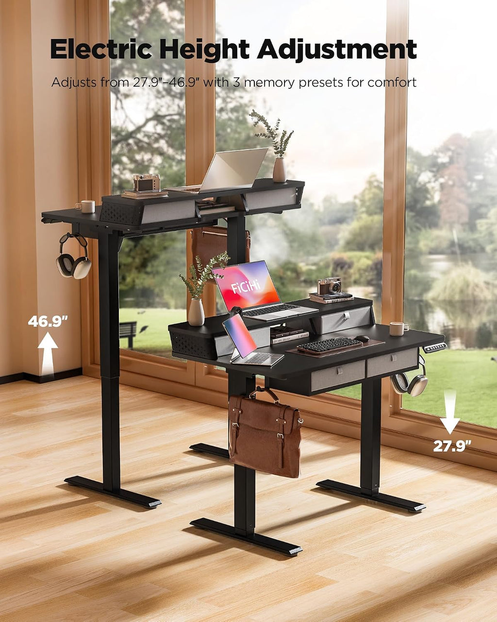 FiCiHi Electric Standing Desk with Four Drawers, 40 x 24 Inch Adjustable Height Sit Stand Desk, C-Clamp Compatible Home Office Desk with Storage Shelf & Monitor Stand Riser, Classical Black