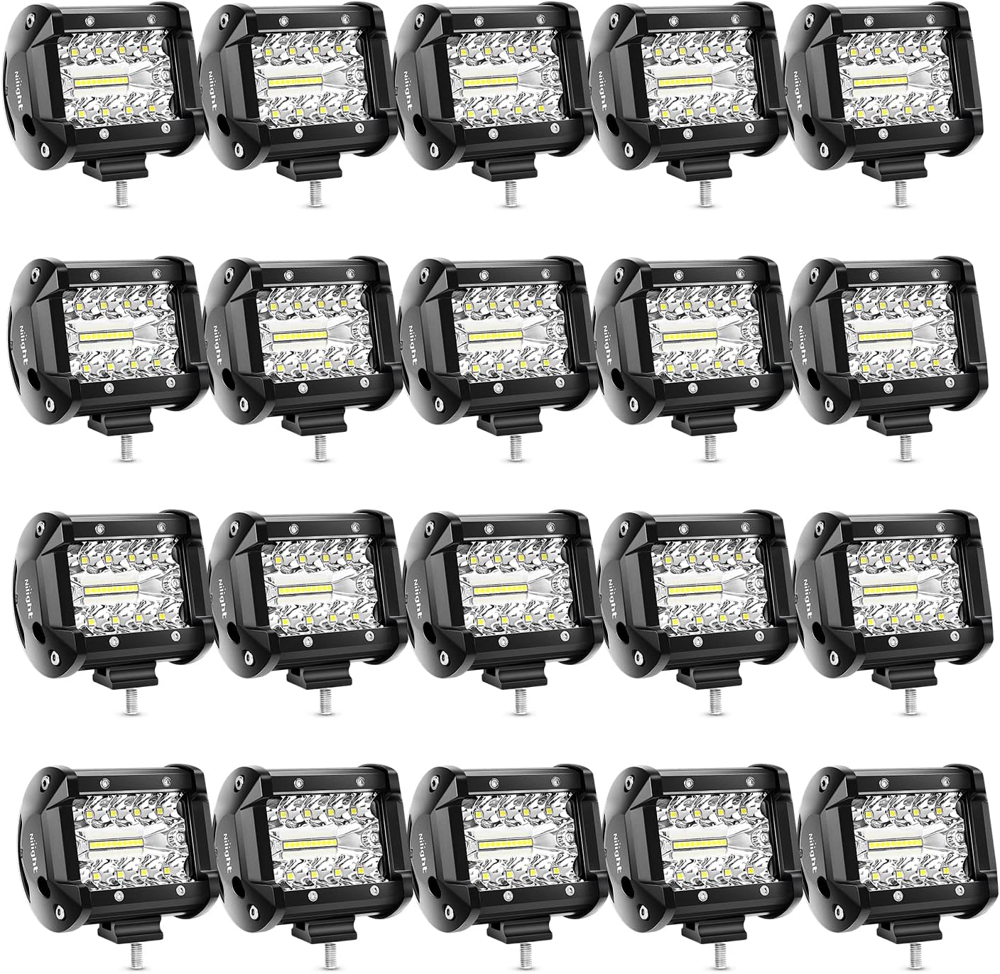 Nilight 20Pcs LED Pods 4Inch 60W Light Bar Flood Spot Combo Triple Row Driving Lamp Roof Bumper Off Road LED Work Lights Pods for Van Camper Wagon Car Pickup Golf Cart ATV UTV SUV Truck Boat 4x4