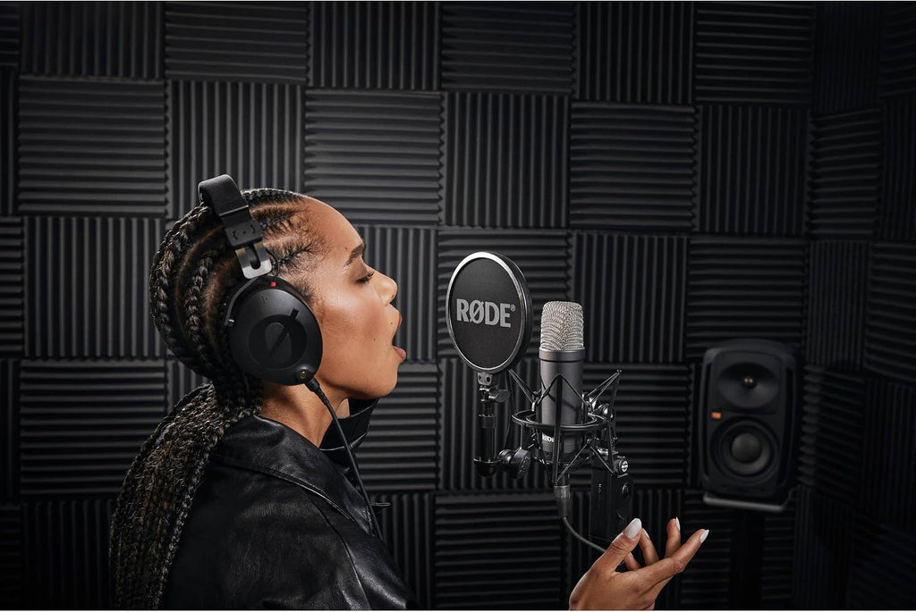 Rode NT1 Signature Black Condenser Mic Bundle with Focusrite Scarlett 2i2 4G Interface, On-Stage MS7701B Tripod, and Cans50 Headphones — 4 dBA XLR Mic for Singing, Vocal Recording, Two-Host Podcasting