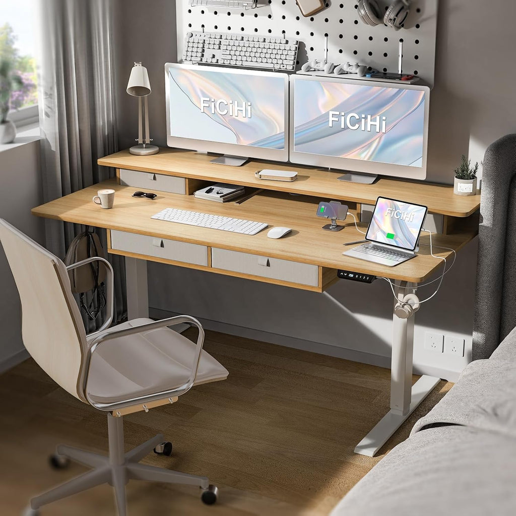 FiCiHi Adjustable Height Standing Desk with 4 Drawers,55 x 30 inches Electric Sit Stand Home Office Desk with Two Tiers, 3 Memory Presets, Monitor Stand Riser, USB A/C Charging Port