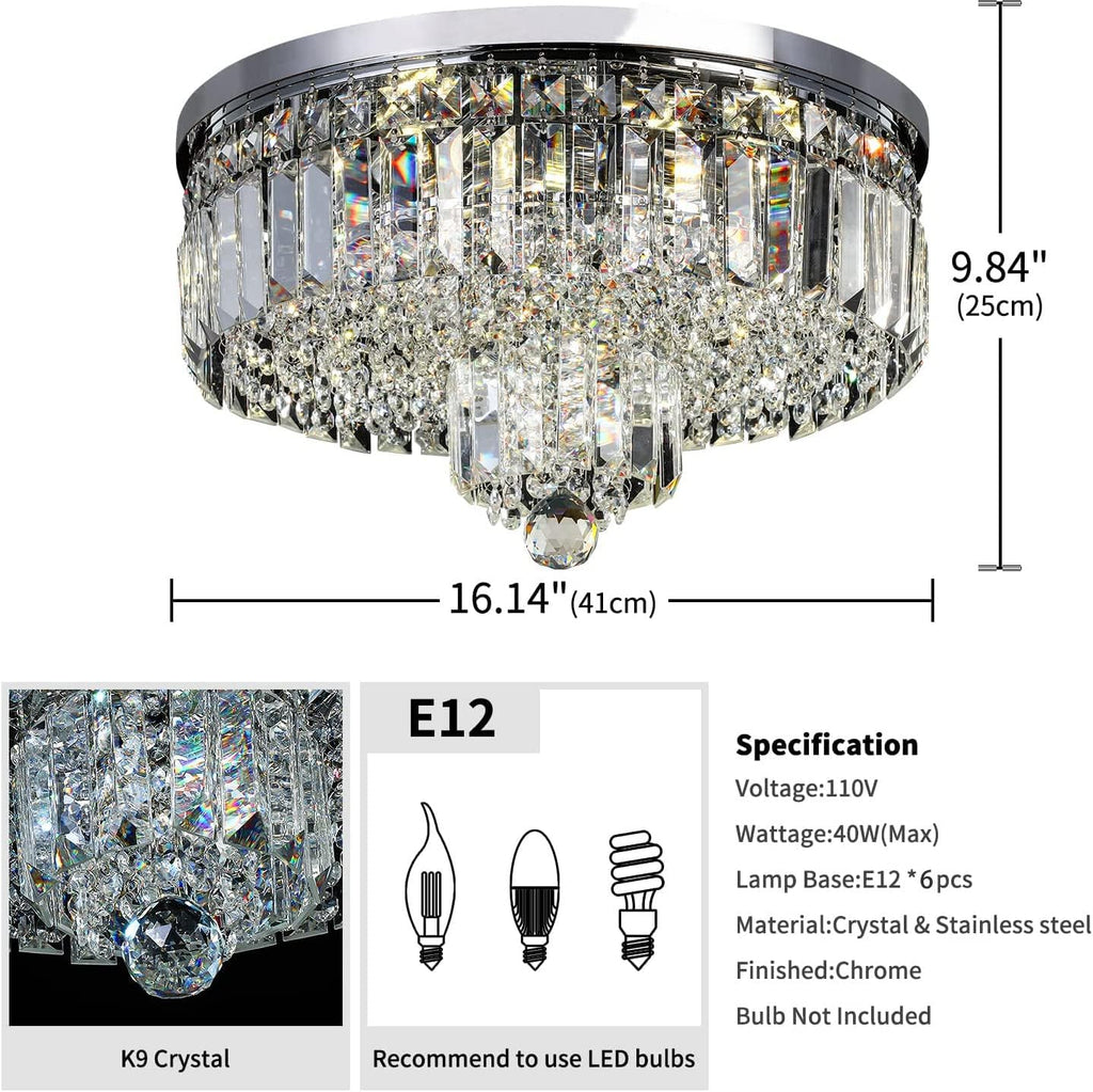 Modern Crystal Chandeliers 6-Light Crystal Ceiling Light Fixtures Flush Mount Round Light Fixture for Living Room Bathroom Kitchen, H9.8'' x Dia16''