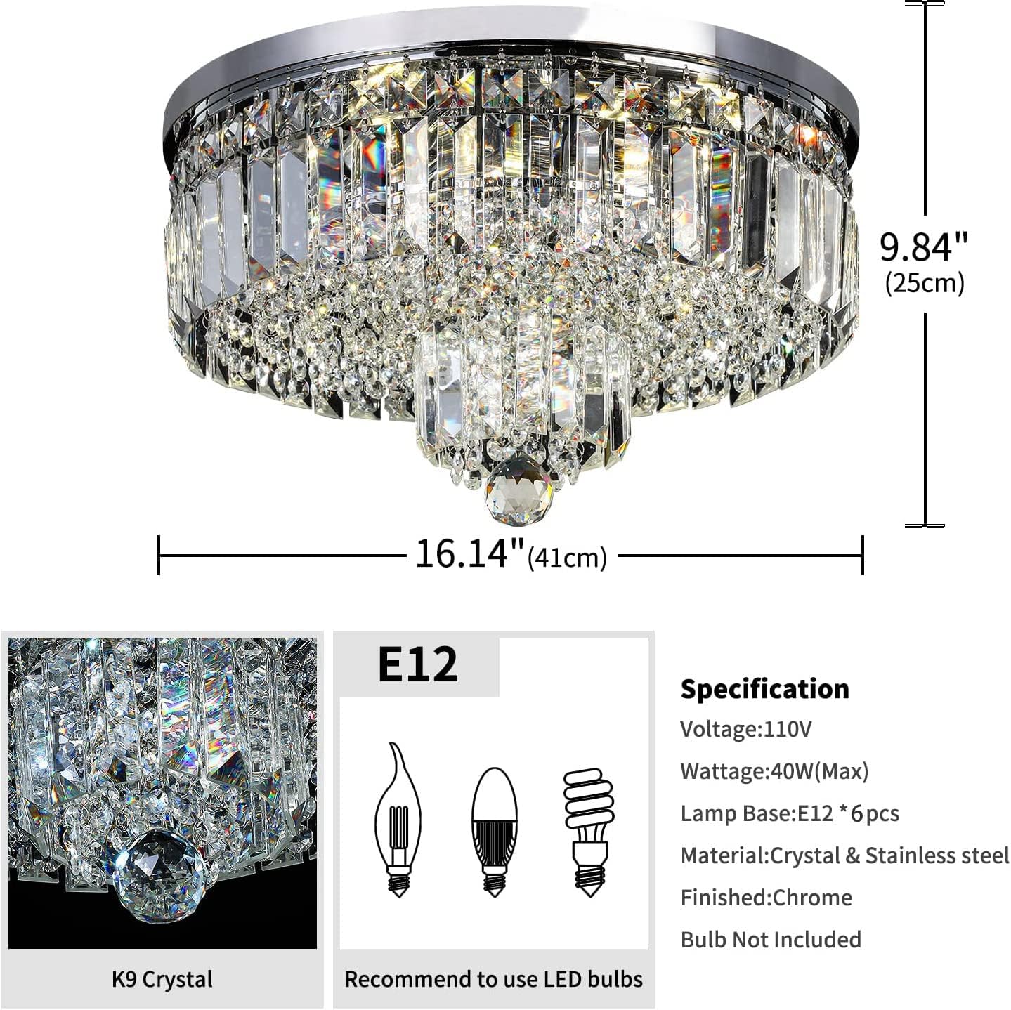 Modern Crystal Chandeliers 6-Light Crystal Ceiling Light Fixtures Flush Mount Round Light Fixture for Living Room Bathroom Kitchen, H9.8'' x Dia16''