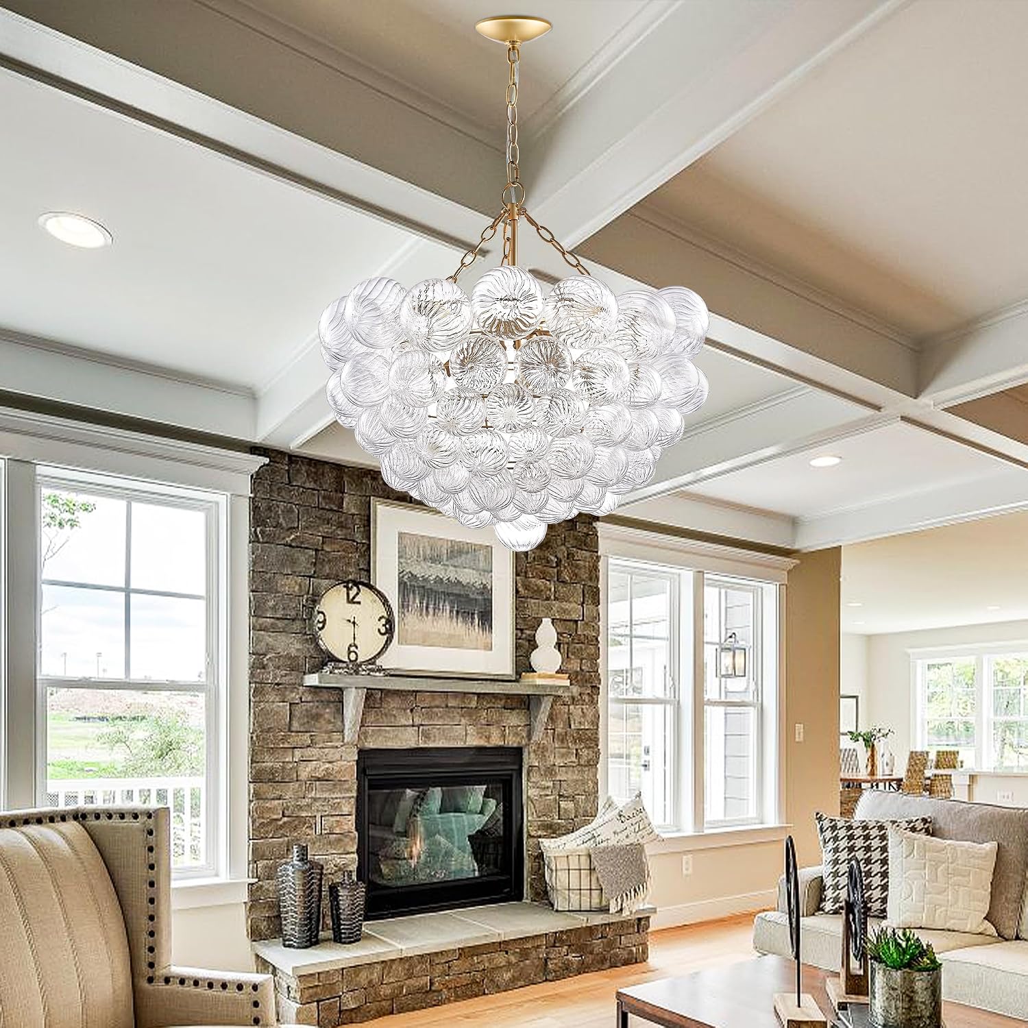 Longree Nordic Bubble Ball Swirled Glass Chandelier, Diam 31' Gild Gold and Clear Modern Hand Blown Glass Pendant Light Fixture 9-Light for Dining Room, Bedroom, Study, Restaurant, Hallway