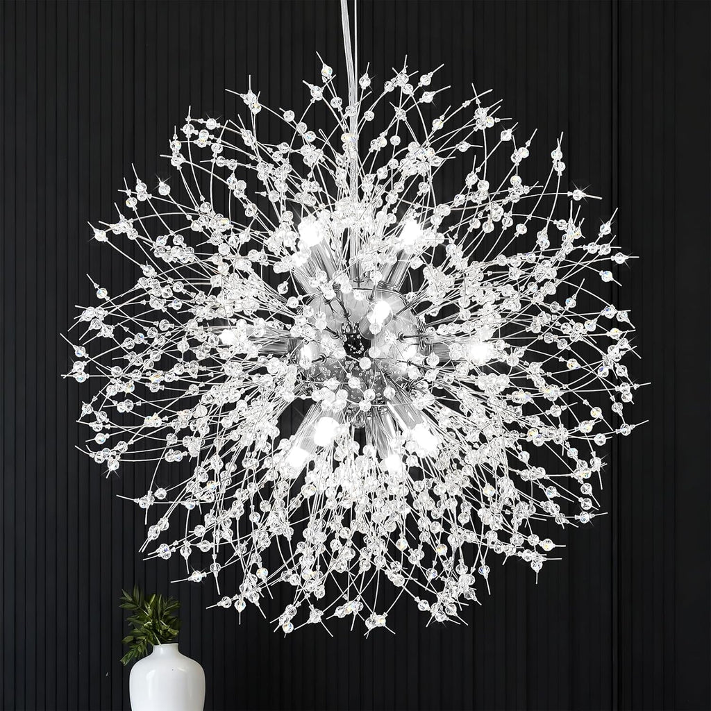 Qamra Modern Crystal Chandeliers, Chrome Firework Dandelion Sputnik Chandelier Light Fixture Pendant Lighting for Dining Room, Bedroom, Kitchen, Living Room(9-Light, Chrome)