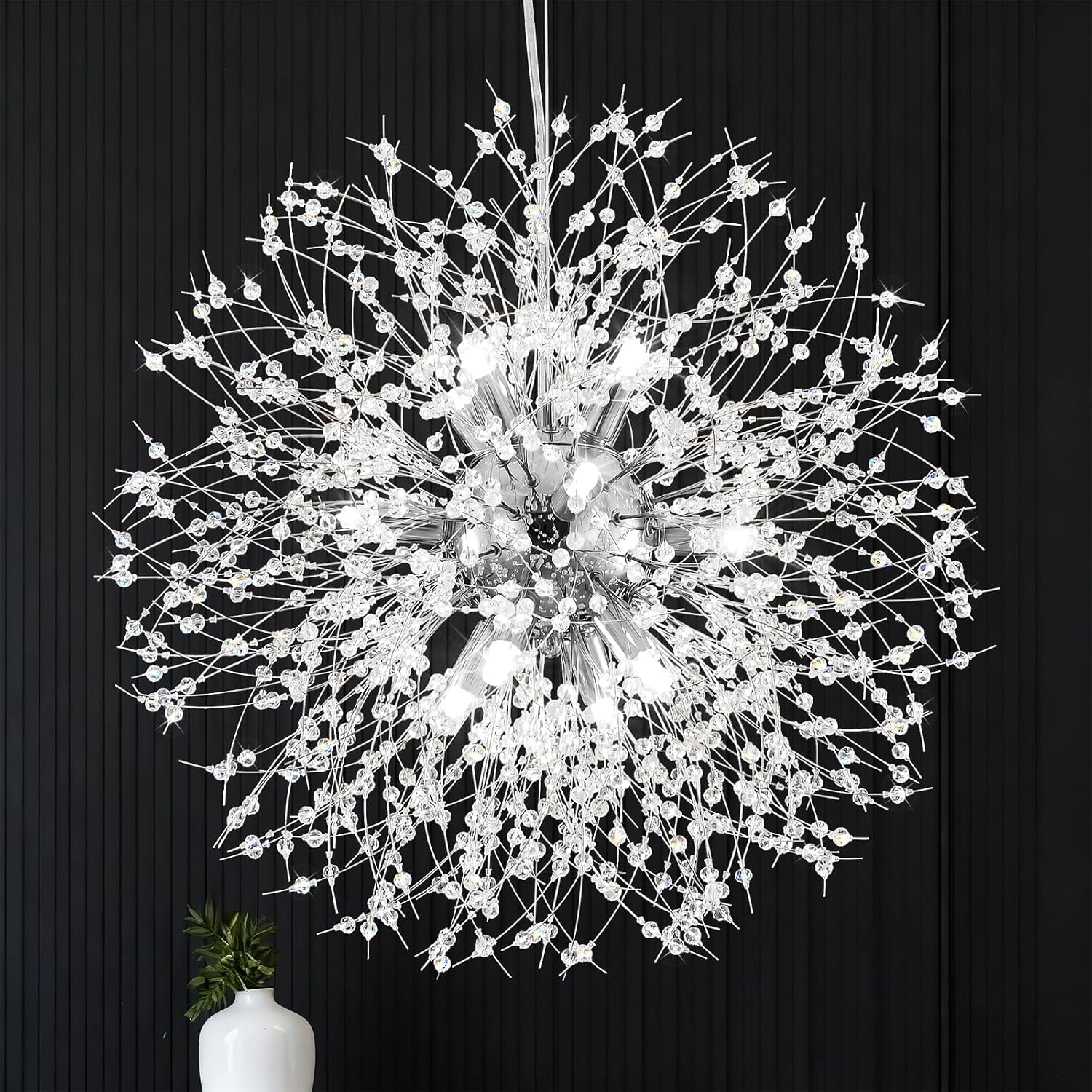 Qamra Modern Crystal Chandeliers, Chrome Firework Dandelion Sputnik Chandelier Light Fixture Pendant Lighting for Dining Room, Bedroom, Kitchen, Living Room(9-Light, Chrome)