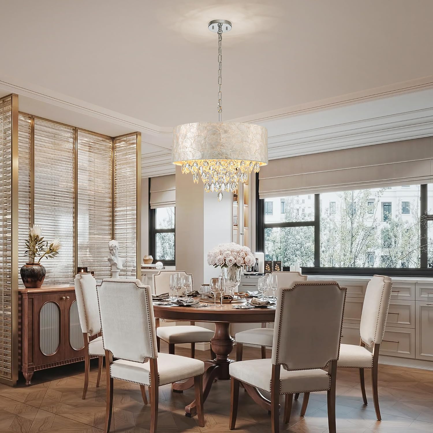 4-Light Drum Capiz Shell K9 Crystal Chandelier, Coastal Style Pendant Light Fixture for Dining Room, Living Room, D17.7 x H21~68 inch (Adjustable), Clear Crystal & Chrome Finish