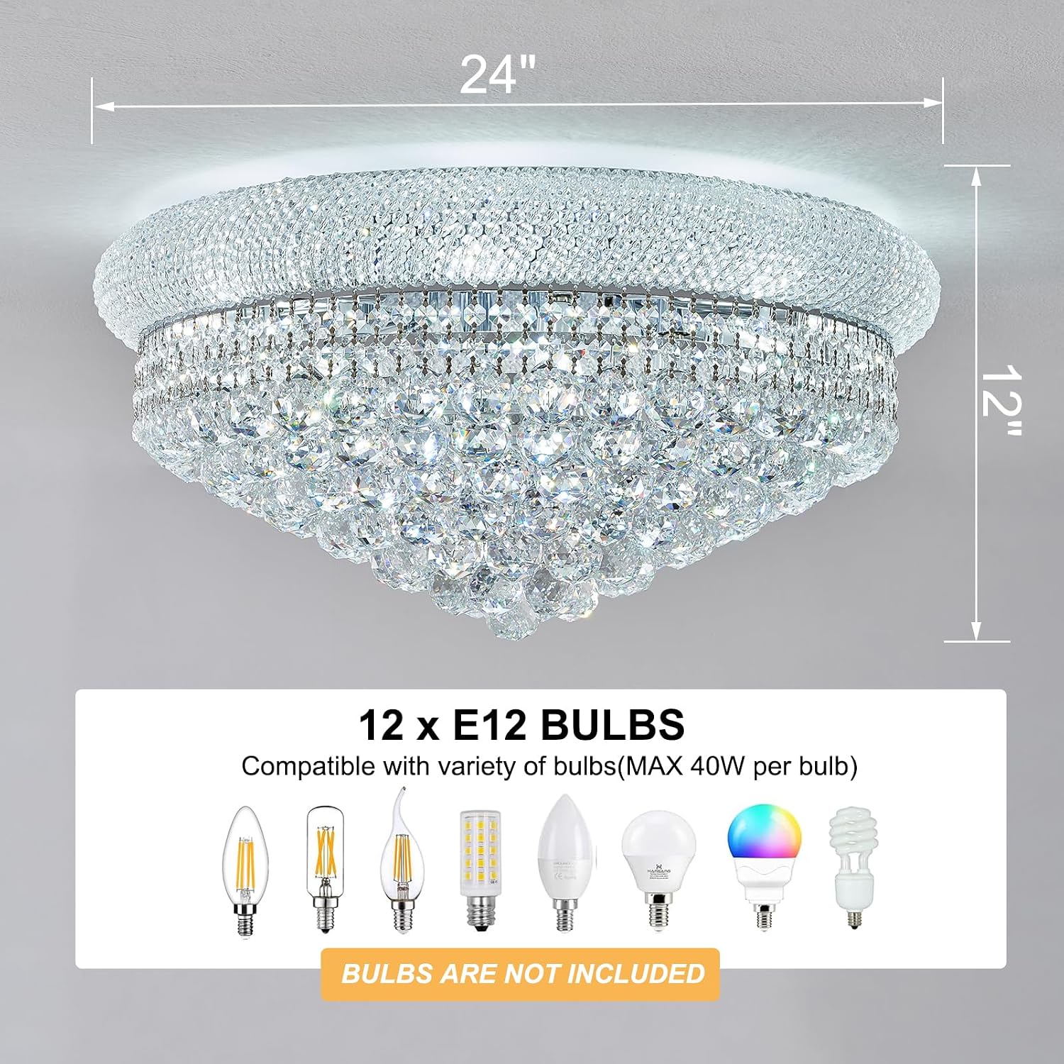 12 - Light Flush Mount Crystal Chandelier for Living Room Dining Room Entryway Hallway Bedroom Foyer Chrome Finish