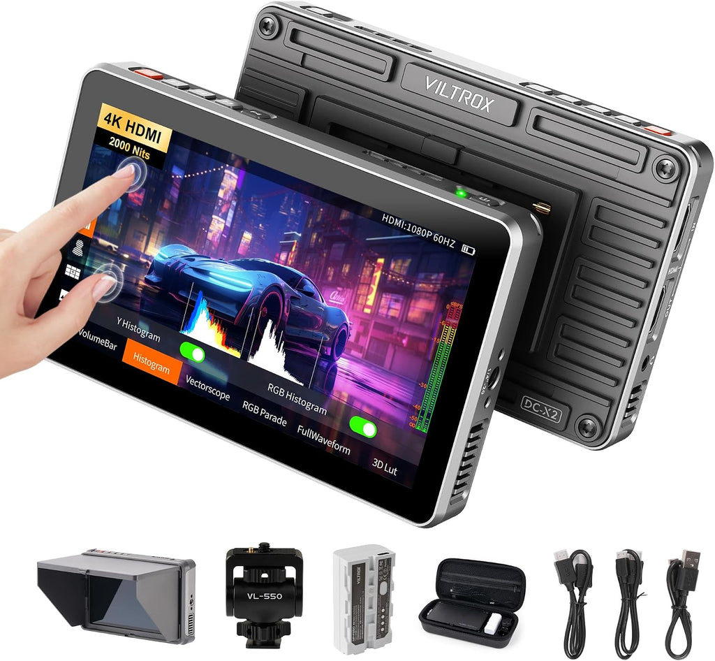 VILTROX DC-X2 Touchscreen Camera Field Monitor, 2000 Nits 6 inch On Camera Monitor 4K HDMI in/Out 3D Lut Full Waveform 1920X1080 HD Focus Peaking Assist Video Field Monitor with Sunshade Hood Battery