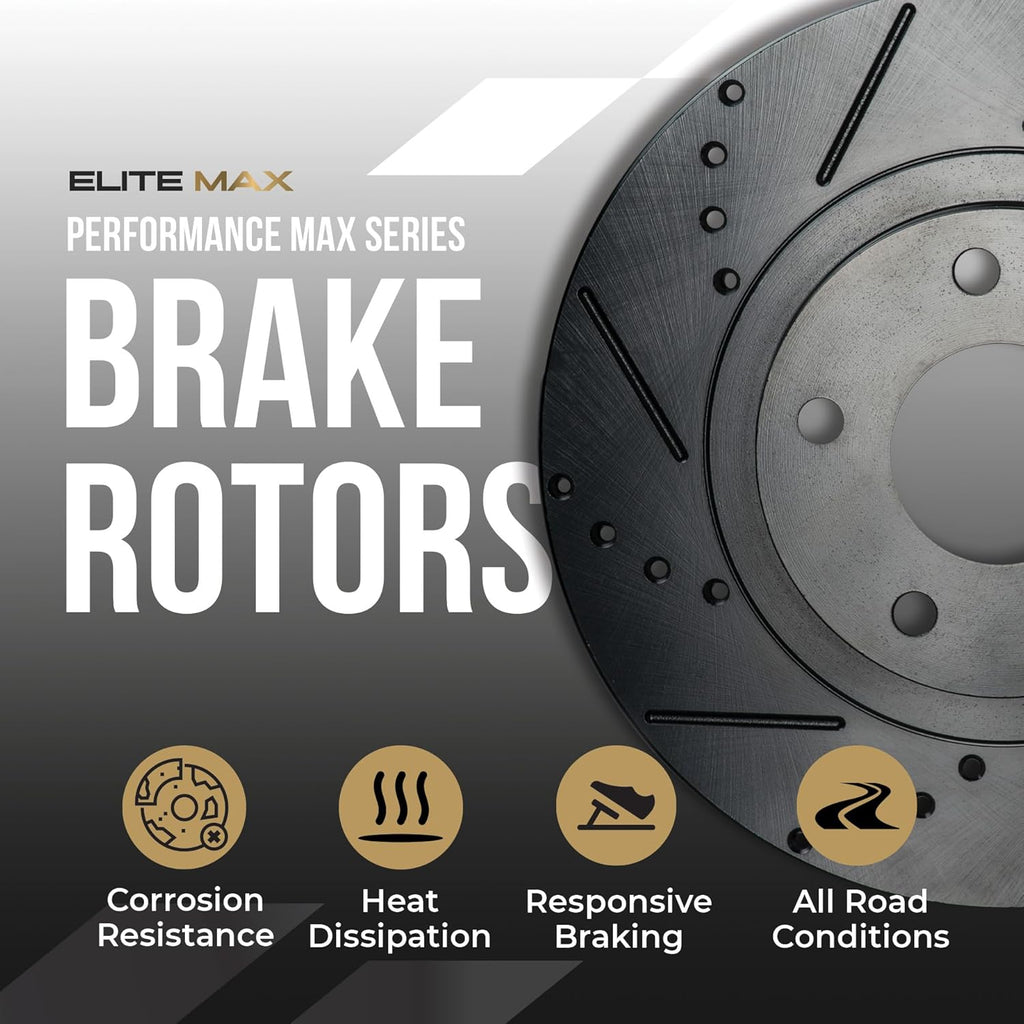 Max Advanced Brakes Front Brake Kit Compatible With 2006-2010 2011 Honda Civic Si Compatible With Acura CSX Type-S Replacement Drilled Slotted Black Coated Disc Brake Rotors and Ceramic Brake Pads