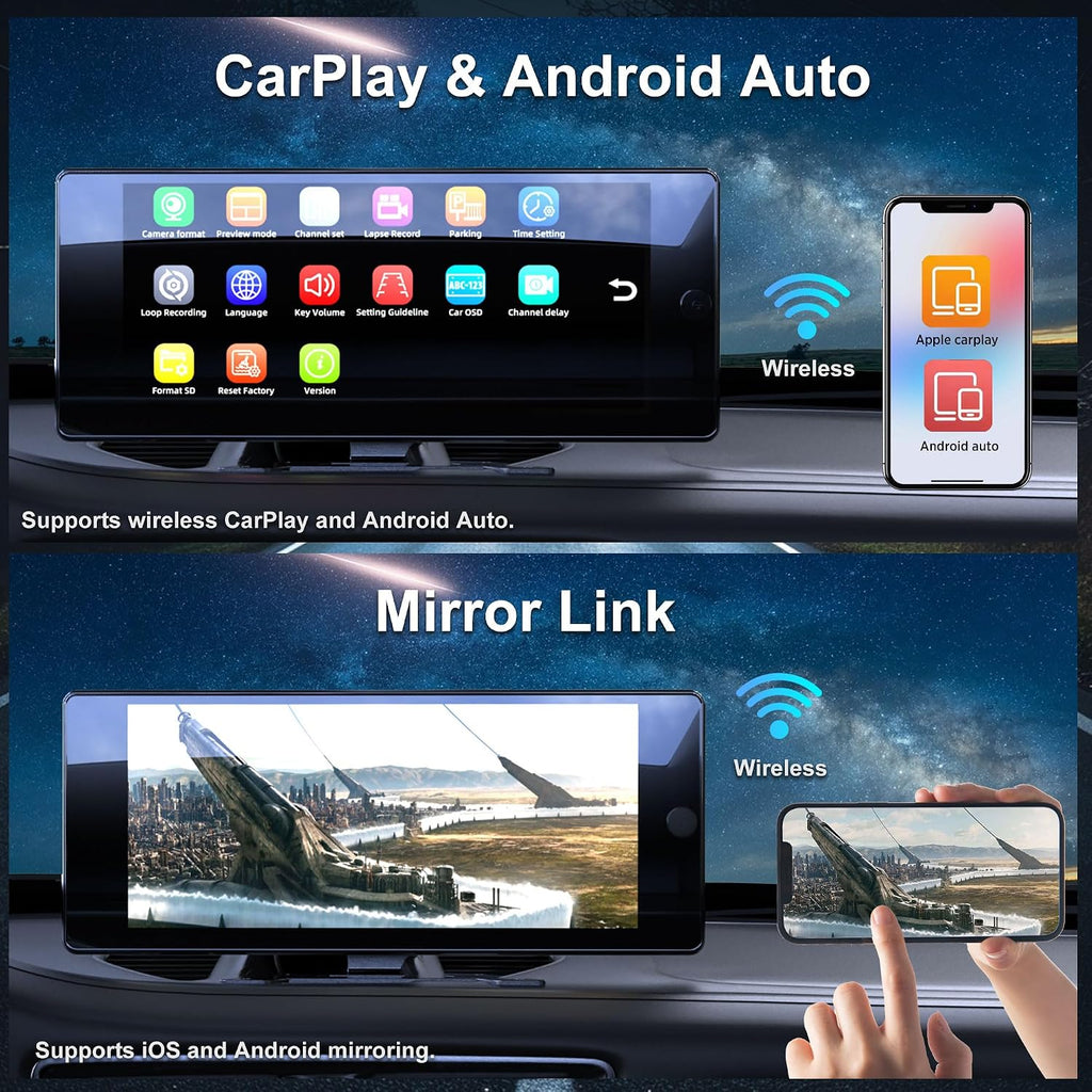 ASLONG 10.36' Wireless CarPlay Screen for Car & 4K 4CH Dash Cam with Android Auto, Portable HD Touchscreen Car Stereo with 1080P Backup Camera, GPS Navigation Mirror Link for Semi Trailer Truck