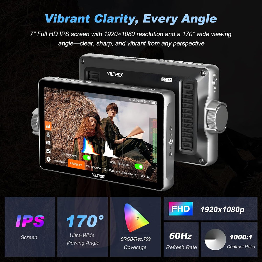 VILTROX DC-A1 2800nit Camera Field Monitor, 7' 4K 60Hz Video External DSLR Screen 1920x1080 Brightness Touchscreen with Sunshade Hood, 3DLUT, Waveform&Vectorscope Battery for Sony Canon Nikon Fuji