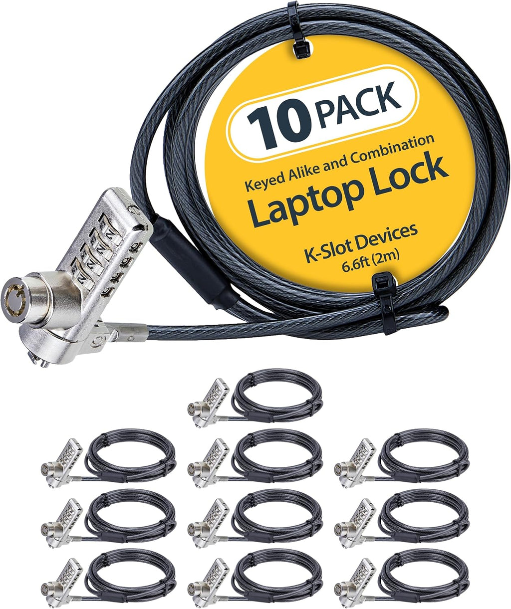 StarTech.com 10-Pack Dual-Access Laptop Lock, 6.6ft (2m) Keyed Alike and Combination Security Cable Lock for K-Slot Devices, TAA