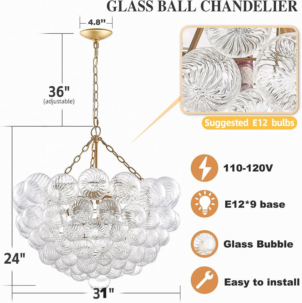 Longree Nordic Bubble Ball Swirled Glass Chandelier, Diam 31' Gild Gold and Clear Modern Hand Blown Glass Pendant Light Fixture 9-Light for Dining Room, Bedroom, Study, Restaurant, Hallway