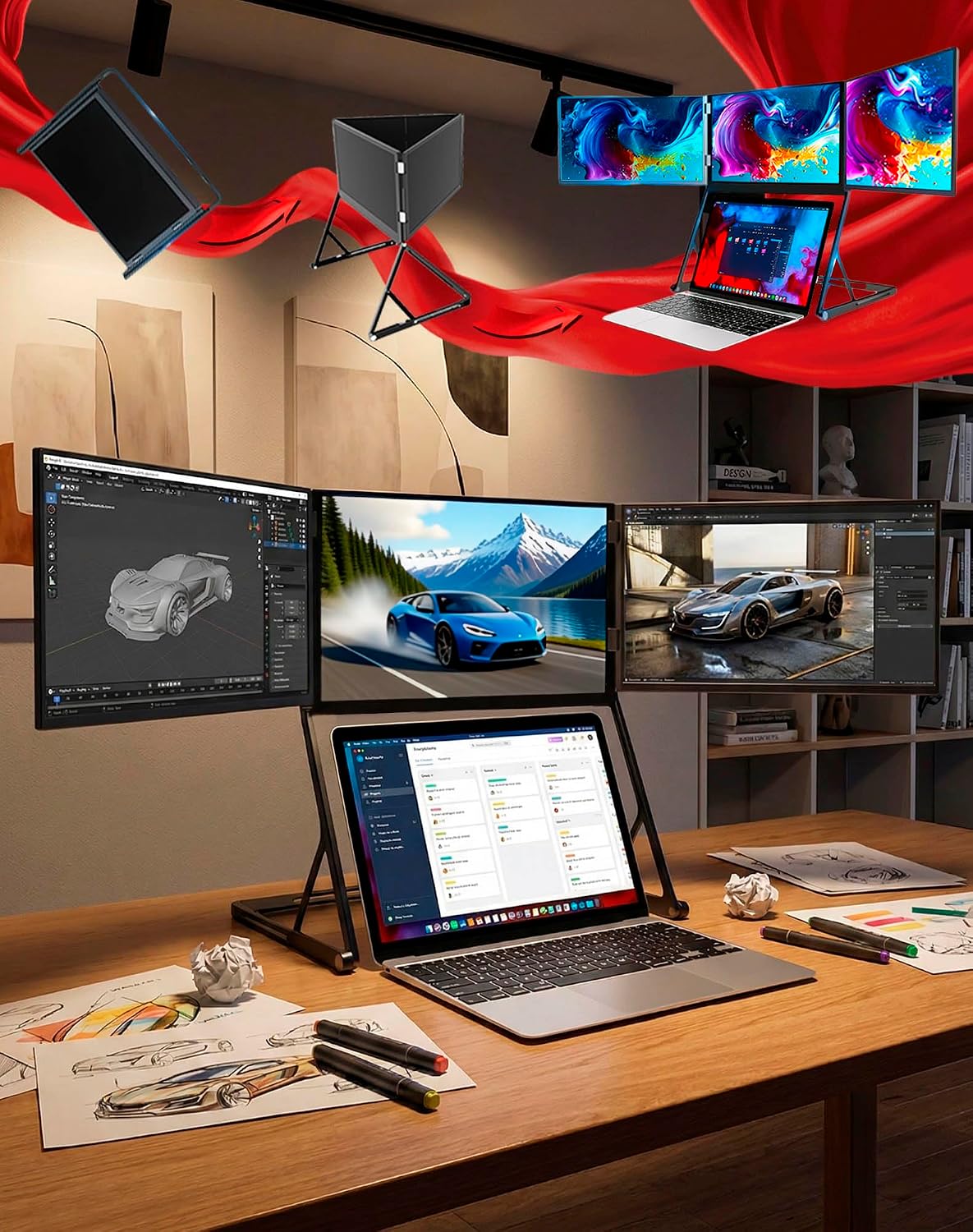Laptop Screen Extender Triple Monitor Mount Stand Triple Screen Laptop Monitor Extender, Portable 3 Screen Display with Single USB-C for Laptops,Foldable Aluminum Multi-Monitors (1 Pcs)