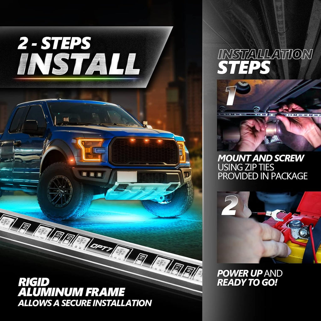 OPT7 Aura Pro Underglow LED Lights with APP & Remote Control, RGB Multicolor Mode, Music Sync, 4 PCS Waterproof Rigid Aluminum Light Bar, Exterior Underbody Lighting Kit Universal Fit for Car Truck RV