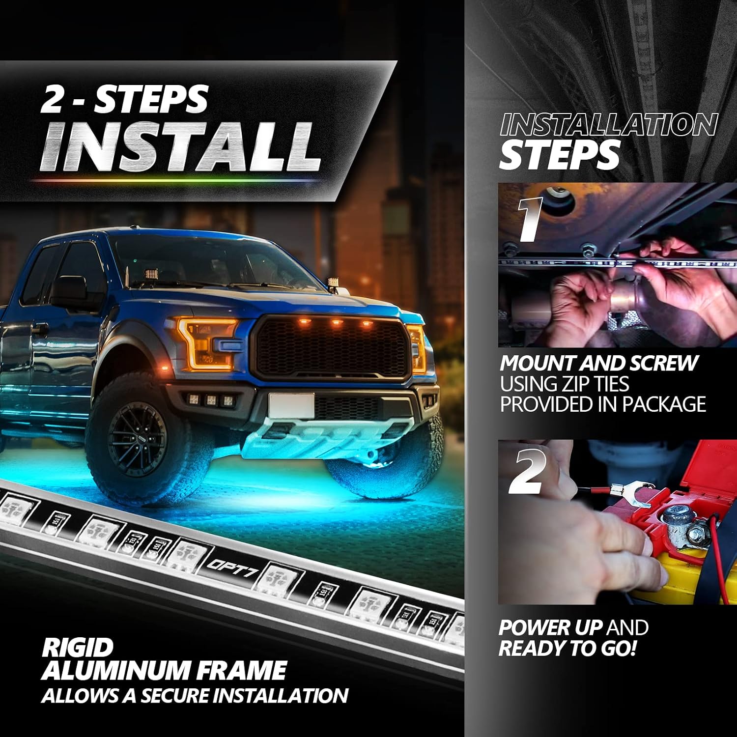 OPT7 Aura Pro Underglow LED Lights with APP & Remote Control, RGB Multicolor Mode, Music Sync, 4 PCS Waterproof Rigid Aluminum Light Bar, Exterior Underbody Lighting Kit Universal Fit for Car Truck RV