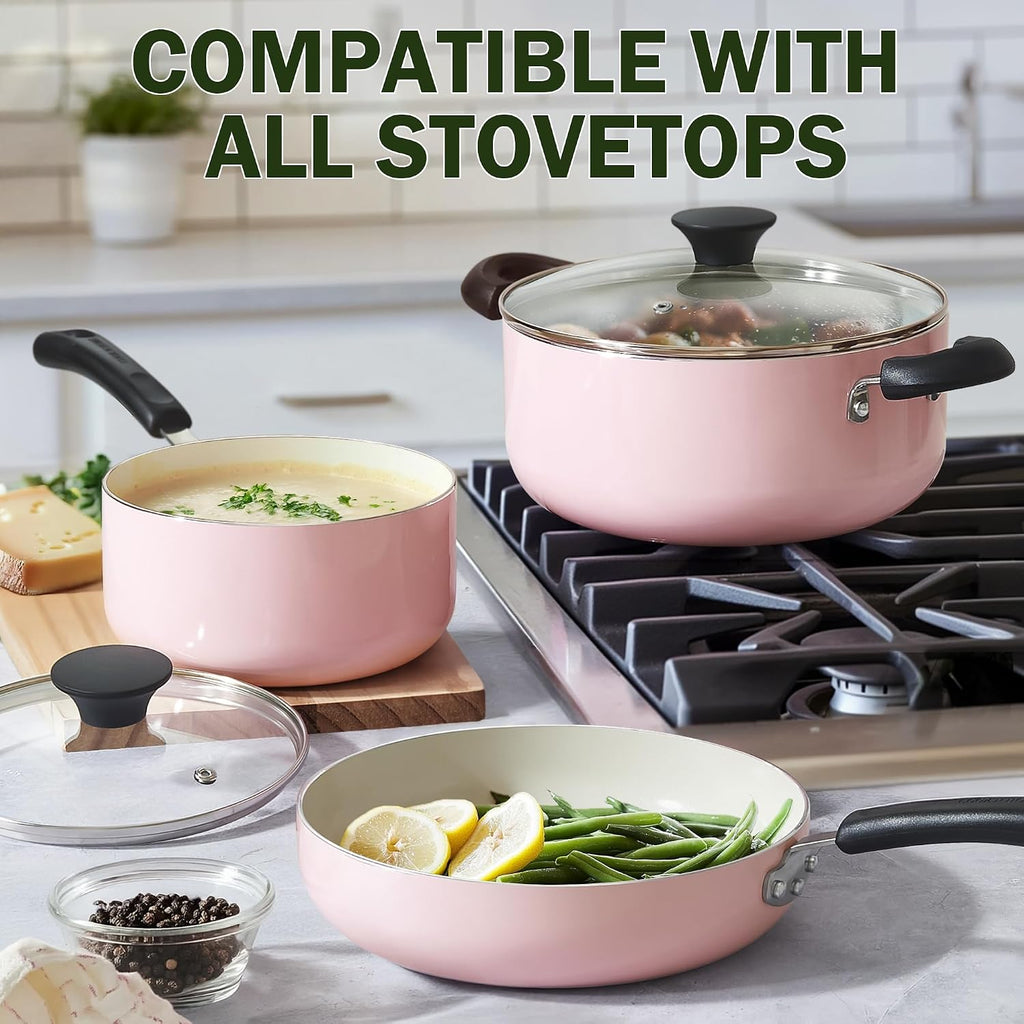 Cook N Home Basics Ceramic Nonstick Cookware Set, 10-Piece, Pink | Nonstick Pots and Pans Set