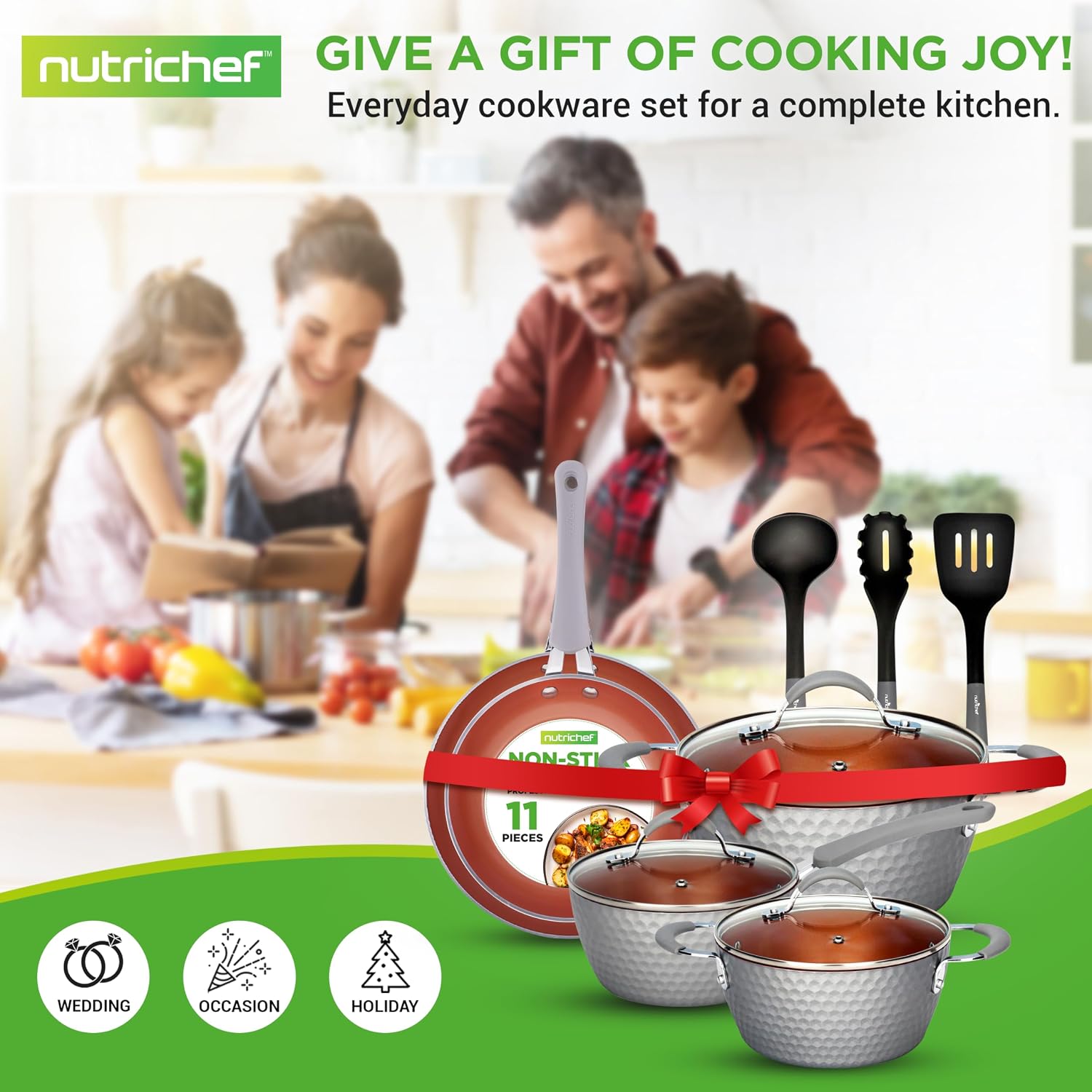NutriChef 11 Piece Nonstick Ceramic Cookware Set - Pots and Pans Set with Ergonomic Handles, Induction Ready, Includes Saucepan, Dutch Oven, Large & Small Fry Pans
