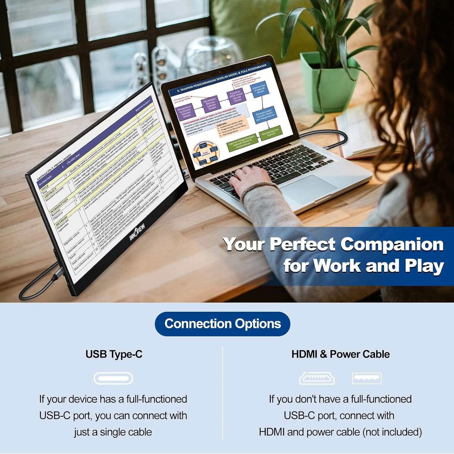 InnoView Portable Monitor 15.6' +16' Portable Monitor for Laptop with Protective Sleeve Built-in 90° Adjustable Stand USB C HDMI Ultra-Slim Portable Laptop Monitor for MacBook Phone PS4/5 Xbox Switch