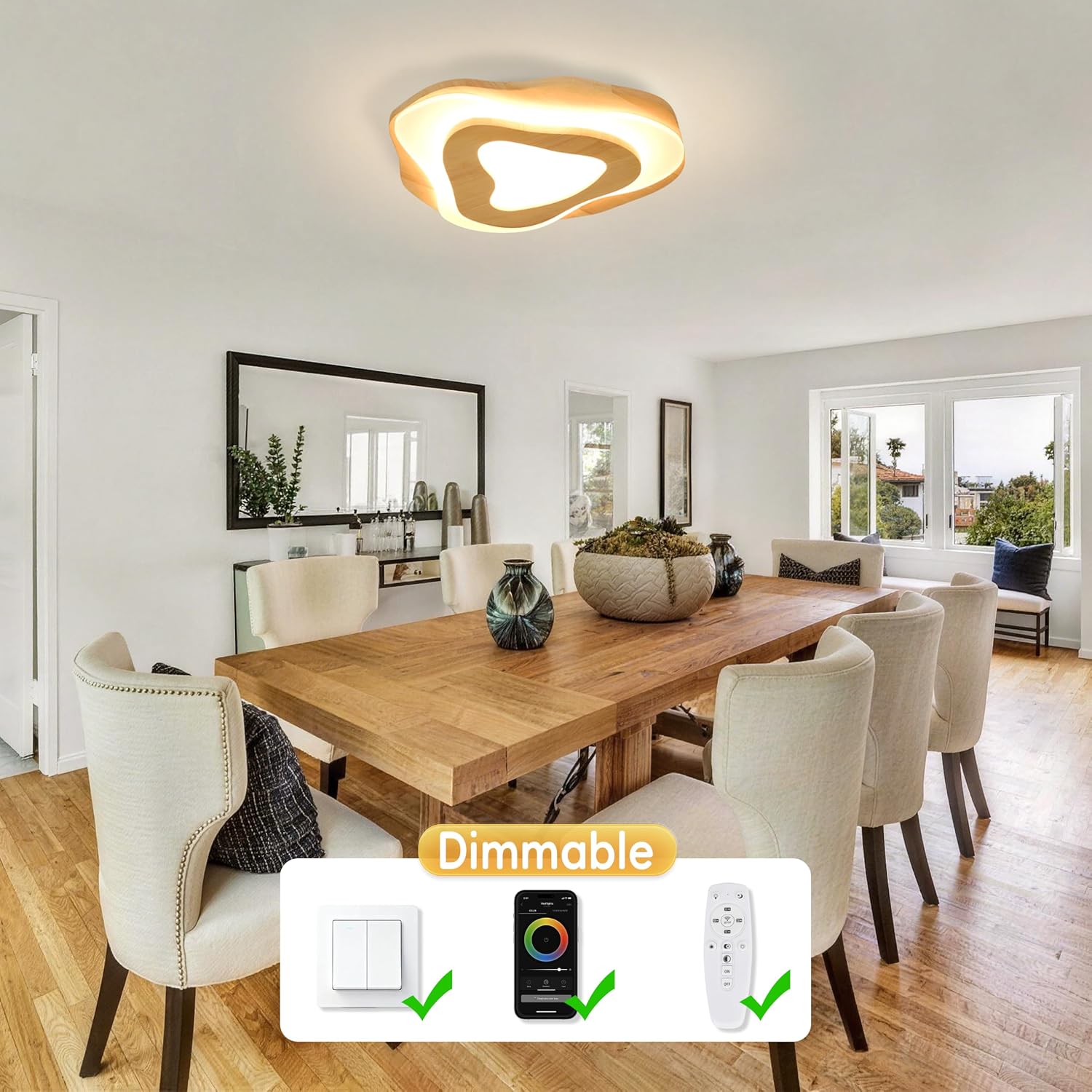 Littleglovo 15.7' Modern Flush Mount LED Chandelier for Dining Room, Dimmable Natural Wood Petal Energy Chandeliers Ceiling Light for Entryway Bedroom Foyer Kitchen Living Room Bathroom