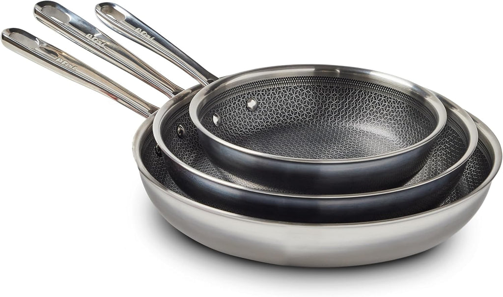 T-fal HybridMesh Tri-Ply Stainless Steel 3 Piece Frypan Cookware Set, 8, 10.25, 12 Inch, Induction Oven Safe 500F, Metal Utensil Safe, Pots and Pans, Dishwasher Safe, Needs Pre-Heating, Silver/Black