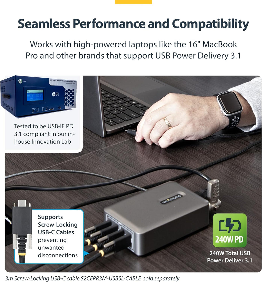StarTech.com 4-Port USB-C Charging Station, 240W GaN Charger Block for MacBook Pro/Air, iPhone 16/15/Pro, iPad Pro, Dell XPS, Pixel and More