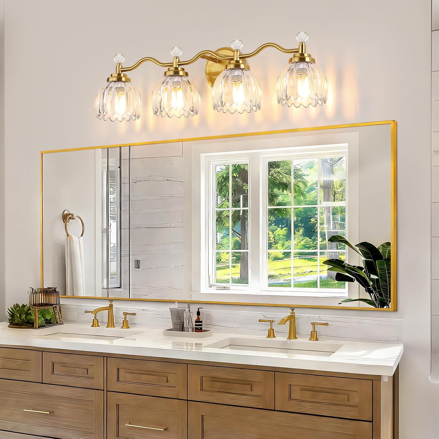 4-Light Bathroom Light Fixtures, Vanity Lights for Bathroom, Wall Lights for Mirror | Clear Glass Shade | Bulbs Not Included | Brushed Gold