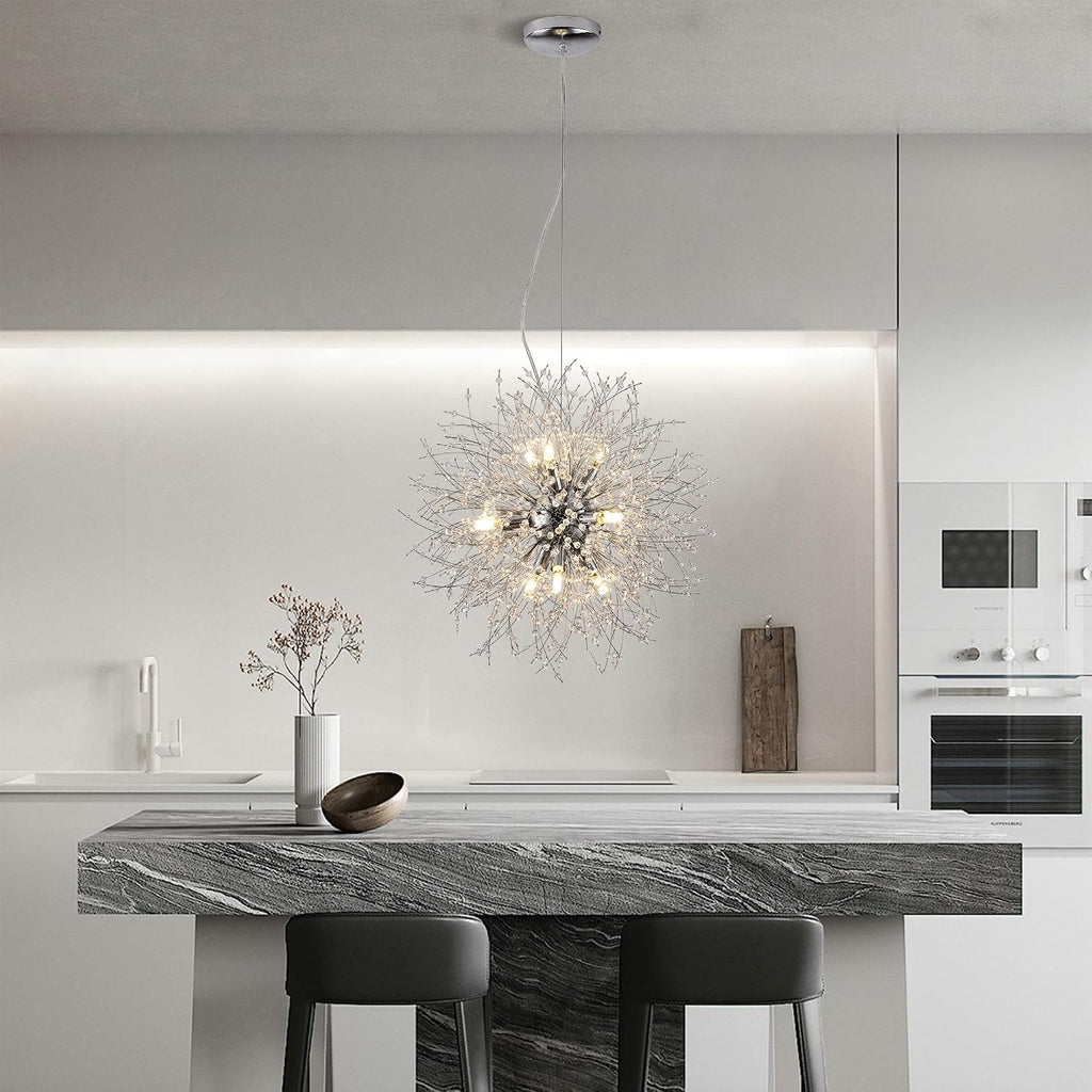 Firework Crystal Chandeliers, 9-Light Stainless Steel Dandelion Chandelier Chrome, 19.6' Modern Sputnik Pendant Lighting for Bedroom Dining Room