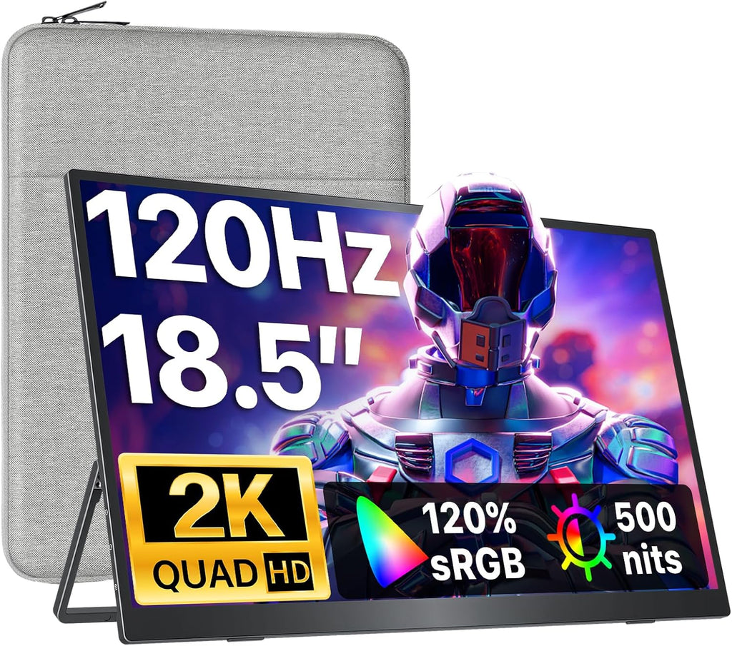 VisionOwl Portable Monitor 18.5 Inch 2K QHD 120Hz Second Screen, USB-C HDMI HDR Travel Monitor for Laptop PC MacBook PS5 Xbox, VESA Mountable, with Speakers, Built-in Kickstand