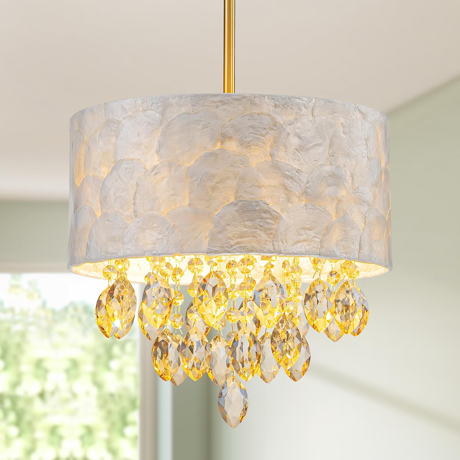 3-Light Drum Capiz Shell K9 Crystal Chandelier, Coastal Style Pendant Light Fixture for Dining Room, Living Room, D12 * H19~49 inch (Adjustable), Champagne Crystal & Gold Finish