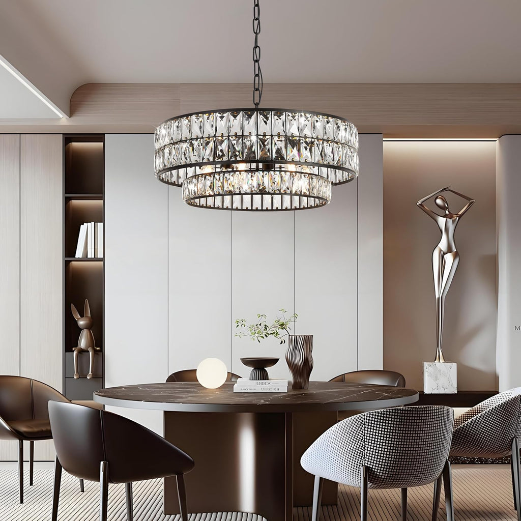 Black Crystal Chandelier 6-Light, 20 Inch Drum Semi-Flush Mount Pendant Light, Modern Ceiling Fixture for Dining Room, Foyer, Bedroom