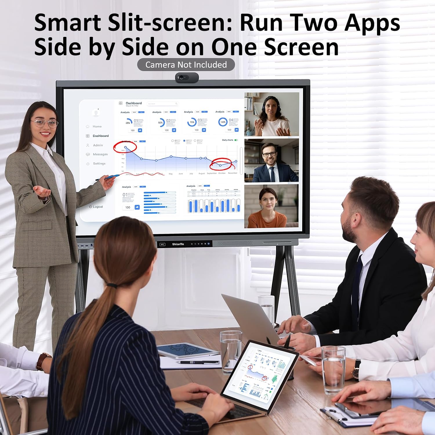 Shiarffe R9 Smart Board 55 Inch 4K Interactive Whiteboard All-in-One Touchscreen Digital Display 16GB RAM + 256GB Storage Built-in 60W Speaker for Classroom Hybrid Work (Board Only)