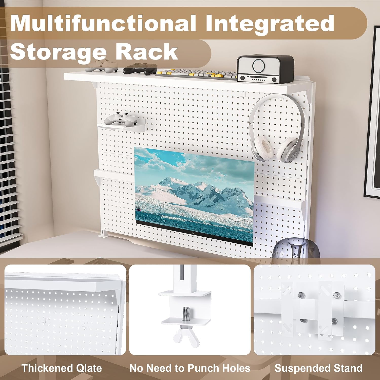 KEIKI Clamp-On Desk Pegboard with Single Monitor Stand, 43' x 35' Steel Peg Board Office Organizer with Hooks, Movable Panel & Shelf for Office Supplies, Gaming Setup & Desk Organization, White